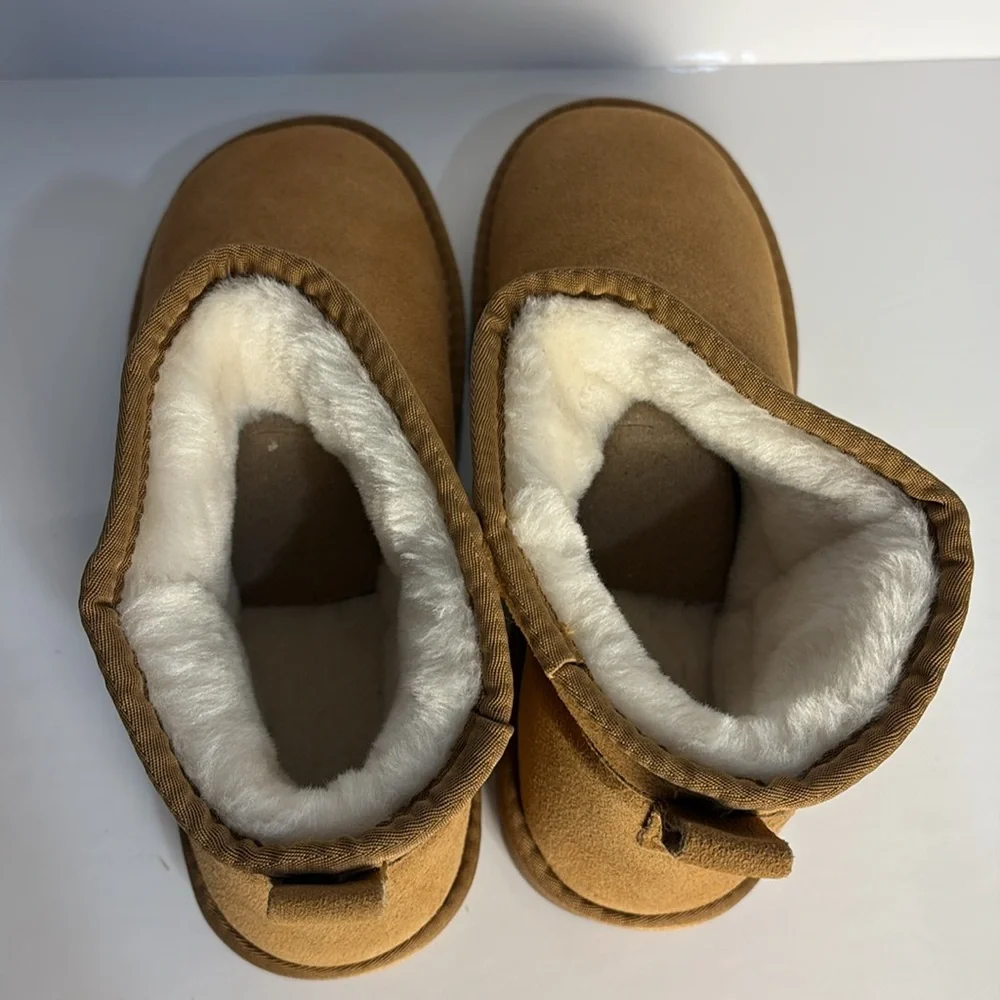 New Faux Suede Mini Boots Booties Tan Slippers Faux Fur Lined Women's Size 9.5 - Picture 4 of 8